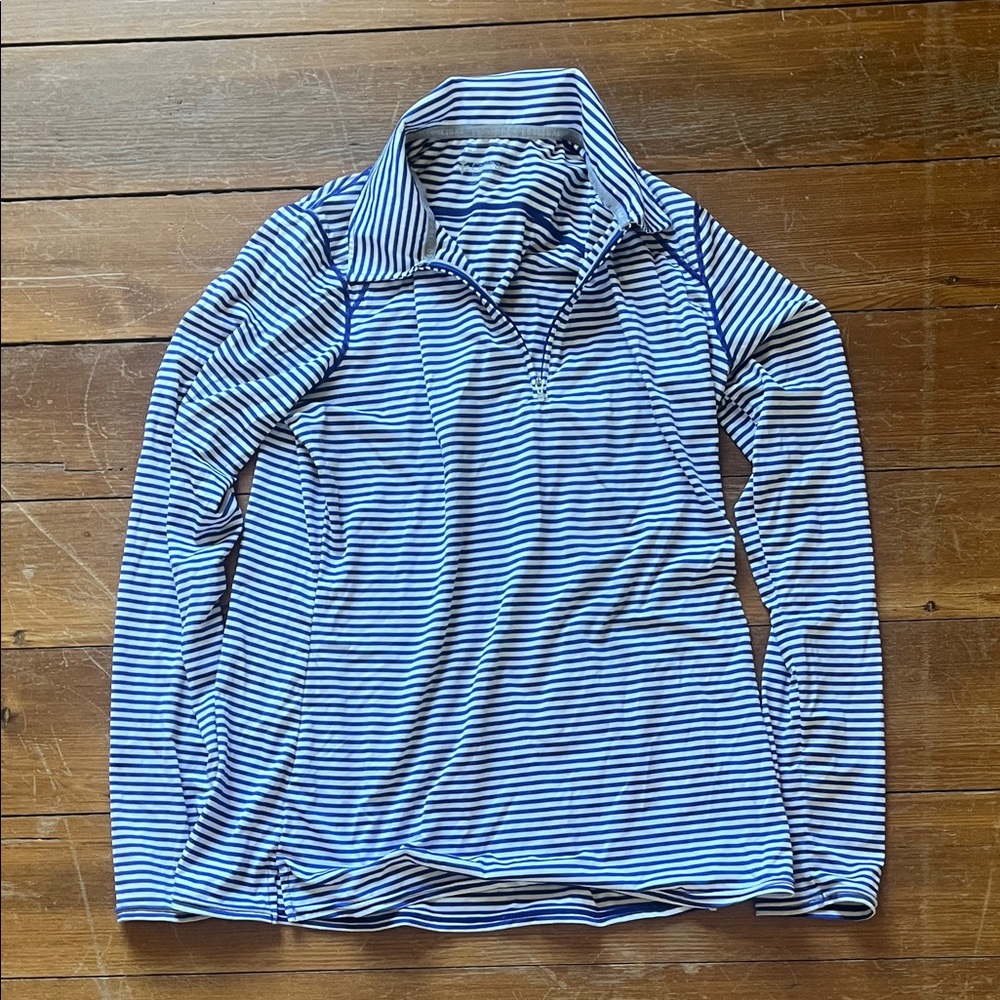 Coolibar UPF50+ Striped Blue and White Long Sleeve Quarter Zip Shirt